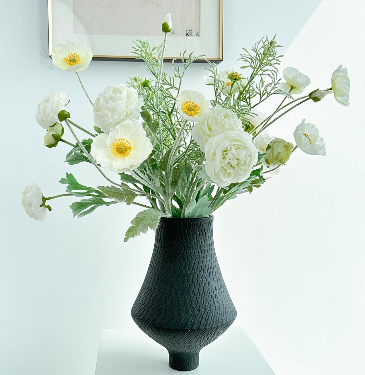Silk Flowers with Stems for Tall Vase, Fake Flowers with White Peonies Poppies and Fake Greenery Stems mixed for Home Office Farmhouse Table Indoor Spring Decorations, Birthday Wedding Gift Decor